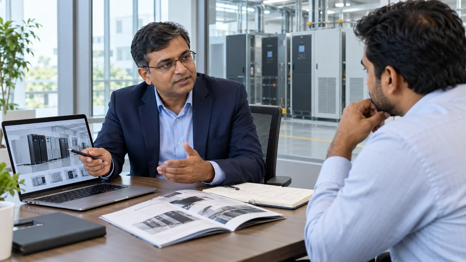 Illustrative scene of a senior engineer discussing industrial UPS requirements with a business customer
