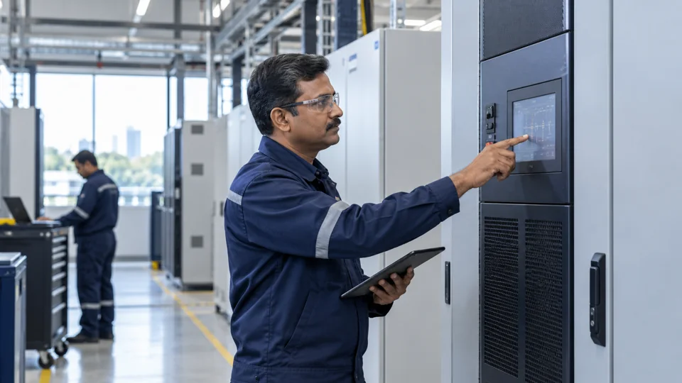 Illustration of senior ups service engineer work in an engineering company